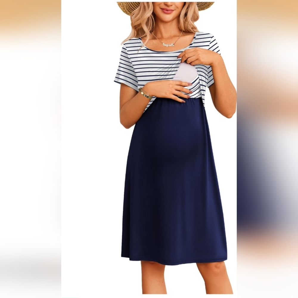 Blue Women's Maternity and Nursing Dress Short Sleeve Small